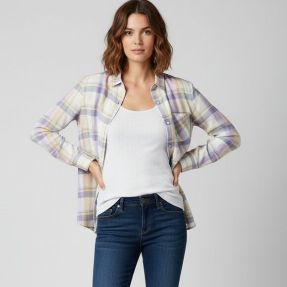 Aritzia TNA Plaid Button Down Shirt Classic Fit Yellow Purple Size Small - Picture 1 of 16